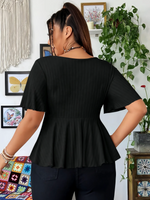 Ribbed Knit Flutter Sleeve Casual Blouse