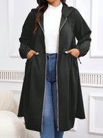 Plus Size Solid Drawstring Zip Up Hooded Coat, Casual Long Sleeve Pocket Outerwear for Fall & Winter, Women's Clothes for Daily