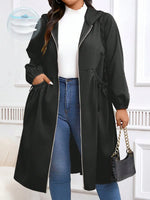 Plus Size Solid Drawstring Zip Up Hooded Coat, Casual Long Sleeve Pocket Outerwear for Fall & Winter, Women's Clothes for Daily