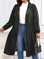 Plus Size Solid Drawstring Zip Up Hooded Coat, Casual Long Sleeve Pocket Outerwear for Fall & Winter, Women's Clothes for Daily