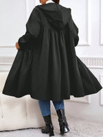 Plus Size Solid Drawstring Zip Up Hooded Coat, Casual Long Sleeve Pocket Outerwear for Fall & Winter, Women's Clothes for Daily