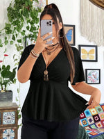 Ribbed Knit Flutter Sleeve Casual Blouse