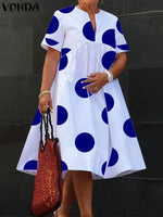 VONDA Plus Size 5XL Women Dress 2025 Summer Bohemian Polka Dot Maxi Long Dress V Neck Party Sundress Vestido Beach Robe Elegant