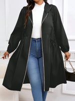 Plus Size Solid Drawstring Zip Up Hooded Coat, Casual Long Sleeve Pocket Outerwear for Fall & Winter, Women's Clothes for Daily